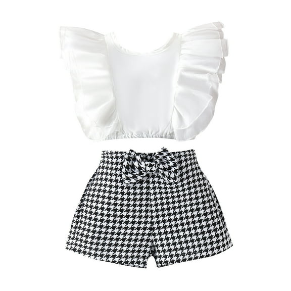 Toddler Baby Girl Summer Trendy Outfit Sets Ruffle Mesh Sleeveless Crop Top Plaid Shorts