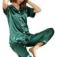 thumbnail image 3 of Femmes Pyjama en Satin d'Été Ensemble Revers Manches Courtes Hauts à Poitrine Simple+pantalon, 3 of 6