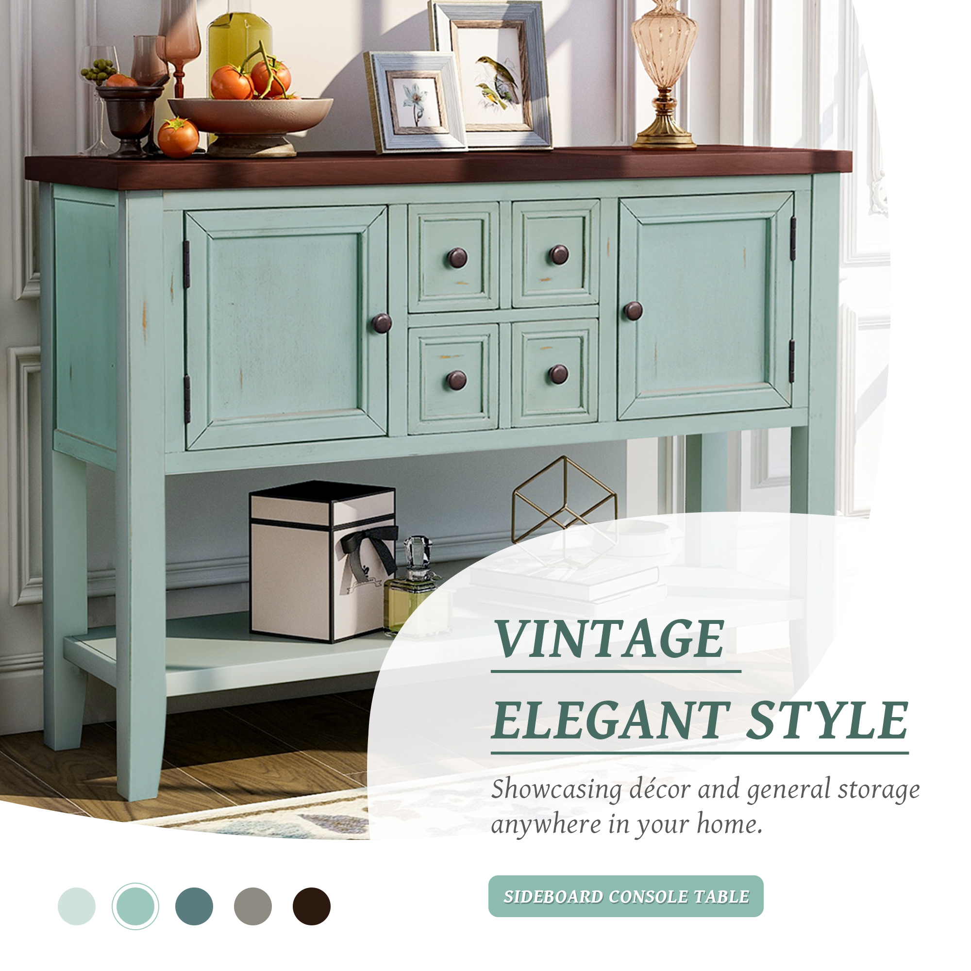 46" Console Table with Drawer for Entryway, Buffet Cabinet Sideboard with 2 Cabinets and Bottom Shelf, Wood Console Table Storage Cabinet for Dining Room Home Furniture, Retro Blue
