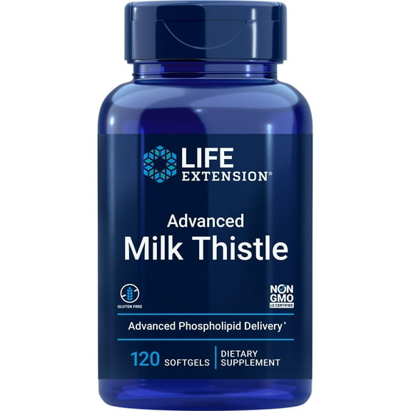 Life Extension Advanced Milk Thistle, liver health supplement, liver detox, cell division, silymarin, silybin, bioavailable, gluten free, non-GMO, 120 softgels