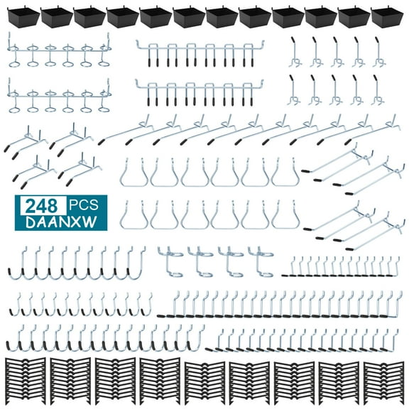 DAANXW 248PCS Steel Pegboard Accessories Organizer Kit, Suitable for 1/8 and 1/4 inch Pegboard (All Black)