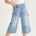 thumbnail image 2 of Girls Embroidered Denim Capris Elastic Waist Wide Leg Pockets Bow Embroidery Cotton Denim Light Blue Kids Little Girls,Size 7-8T, 2 of 8