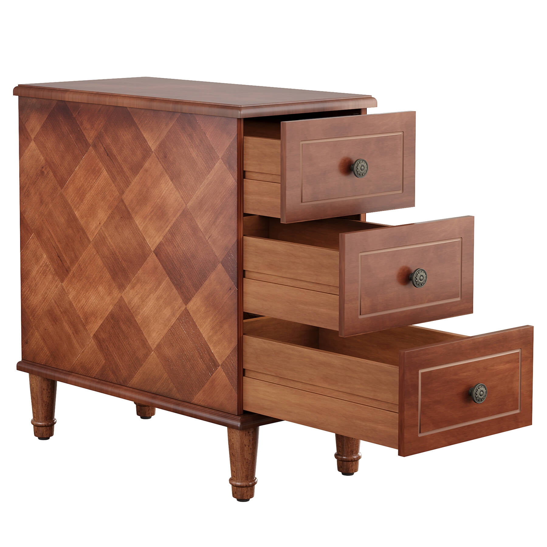 Fnova Side Tables with 3 Drawers, No Assembly Required, Narrow End Tables for Living Room, Nightstand Bedside Table for Bedroom, Walnut