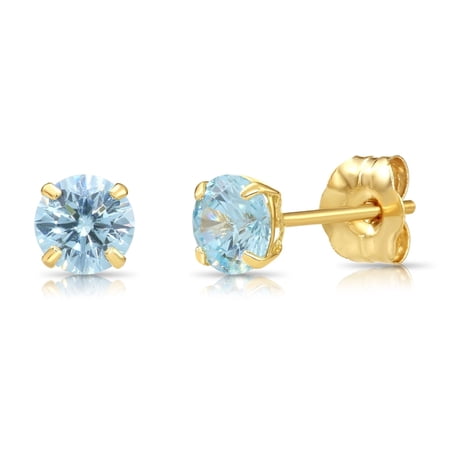 Tilo Jewelry 10K Yellow Gold Blue Round Stud Post Earrings with Cubic Zirconia CZ Birthstone | March-Aquamarine | Women, Men, Unisex