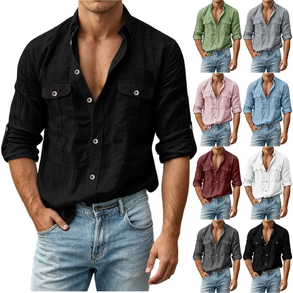 Men's UPF 50 Sun Protection Shirts with Long Sleeve, Button Down Linen Shirt for Hiking, Fishing, Sai Double Pocket Black-B