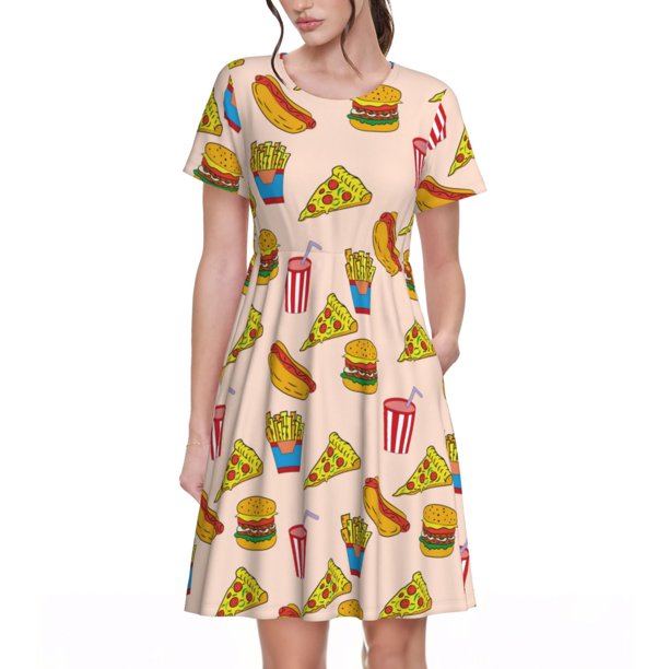 Disketp Hamburger Pizza para Vestido de Manga Corta para Mujeres, Vestidos de Verano para Mujeres, Casual y Holgado para la Playa