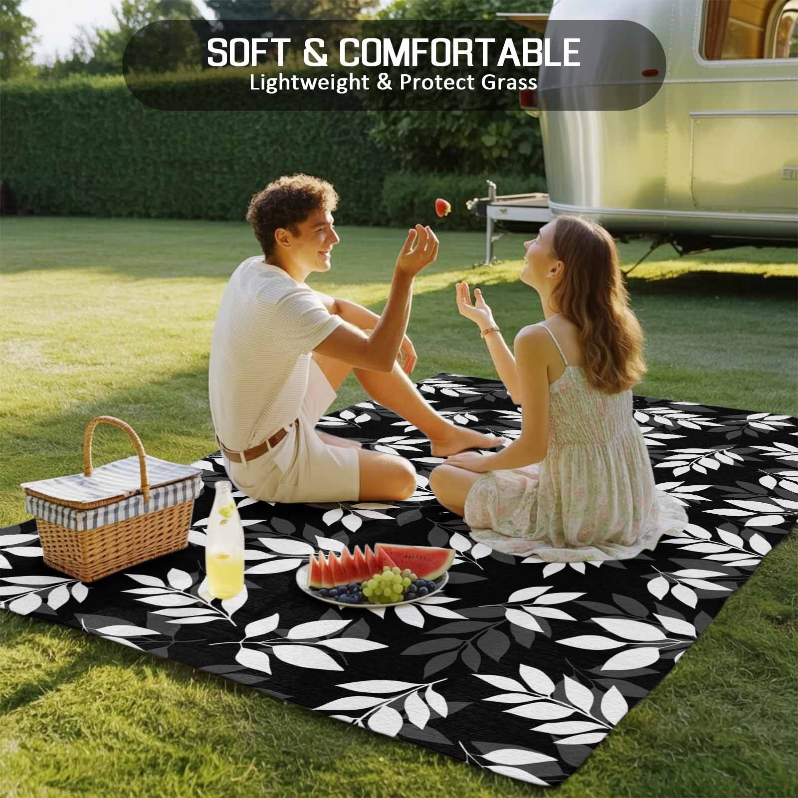 White Leaves Outdoor Rug 5x8 Ft - Reversible Patio Rug Outdoor Camping Rugs, Black Vintage Spring Botanical Leaf Plants Indoor Outdoor Area Rugs, Non-Slip Outdoor Carpet Runner for Deck/Porch