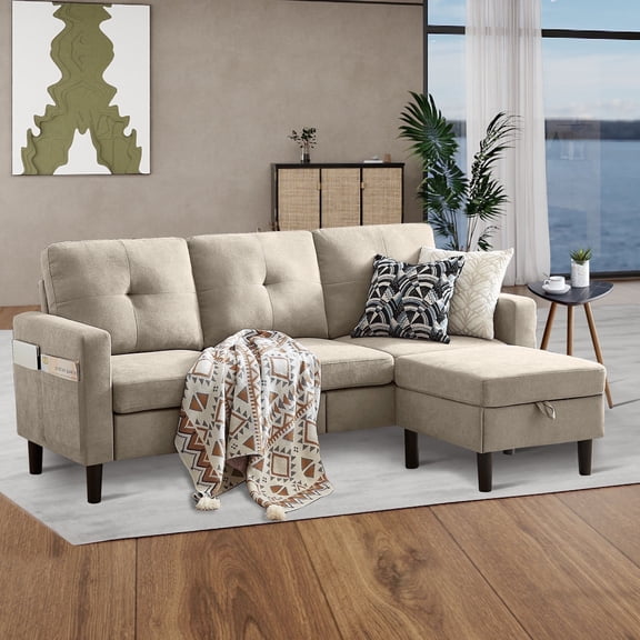 Pingliang Home Sectional Sofa Couch for Living Room, Modular 3 Seat Sectional L Shaped Couch with Storage Ottoman, Modern Linen Fabric Sofa for Small Space Apartment Office Home