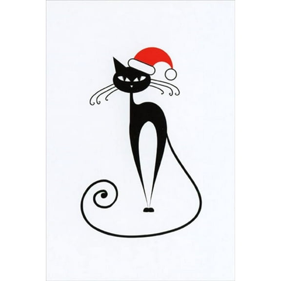Nobleworks Thin Black Cat with Santa Hat Christmas Card (1 card/1 envelope)