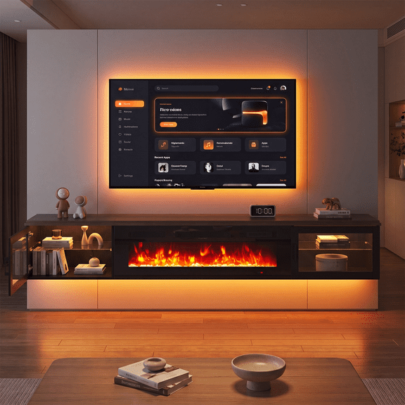 Sonegra 80" Floating TV Stand with 36" Electric Fireplace, High Gloss Finish Wall Mounted Fireplace Entertainment Center with Storage for TVs Up to 80", Walnut&Black, WI-FI Enabled