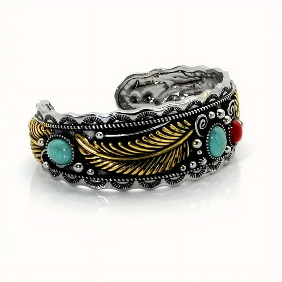 1pc Bohemian Vintage Two-color Leaf Turquoise Open Bracelet Gift For Men