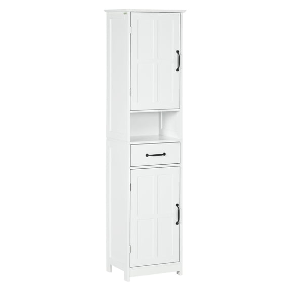 BNHHYYDS Slim Bathroom Storage Cabinet, Tall Linen Tower with Open Shelf, Drawer, Recessed Doors & Adjustable Shelves, White