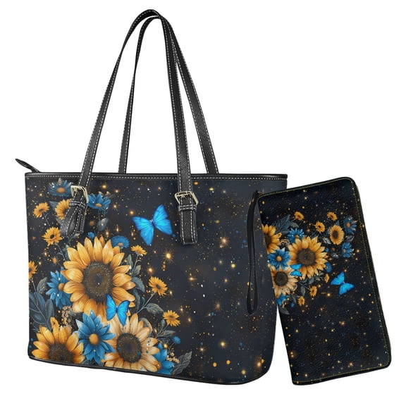 Tutolipy Butterfly Sunflower Printed Handbag and Wallet,Womens Shoulder Totes Waterproof Satchel Purse and Wristlet Wallet,Leather Tote Bag with Adjustable Strap and Zipper
