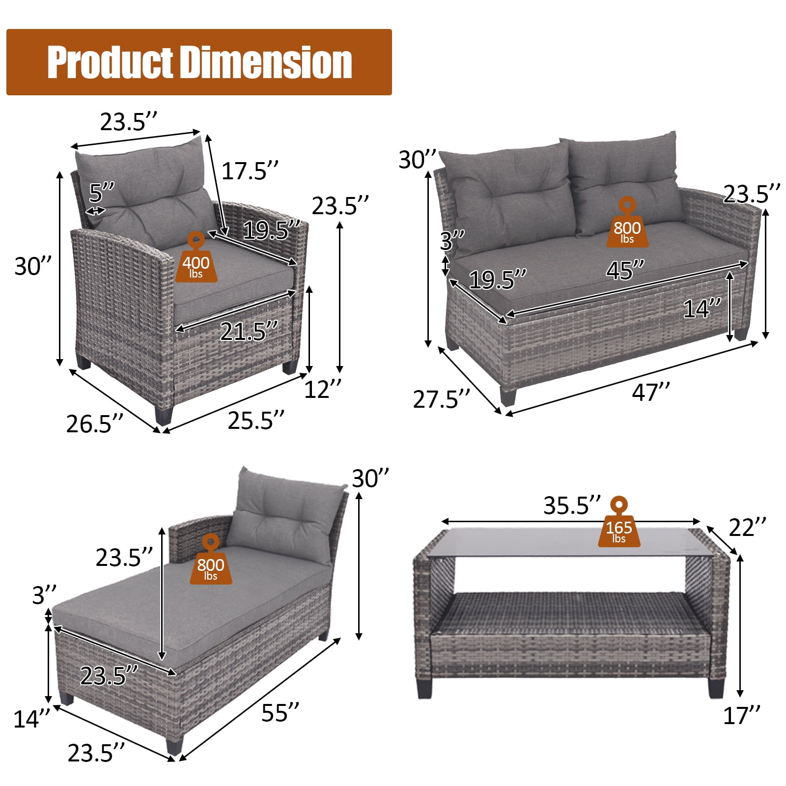 Costway 4PCS Patio Rattan Furniture Set Cushioned Loveseat Table Shelf Gray