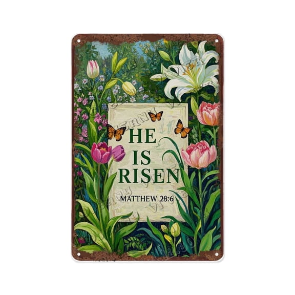 He Is Risen Matthew 28:6 12x16 Inch Metal Sign | Inspirational Religious Bible Verse for Home, Church, or Office | Ideal Easter Gift for Christians
