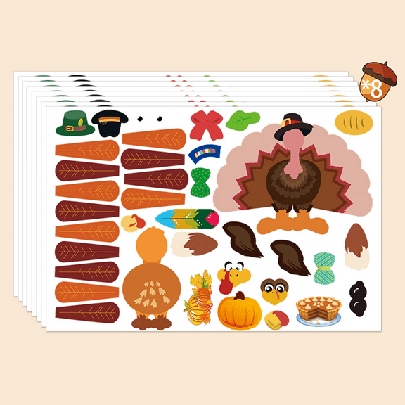 8 Sheets Make-A-Turkey Stickers Thanksgiving Stickers Party Game DIY Stickers for Kids Thanksgiving Autumn Fall Harvest Party Favors