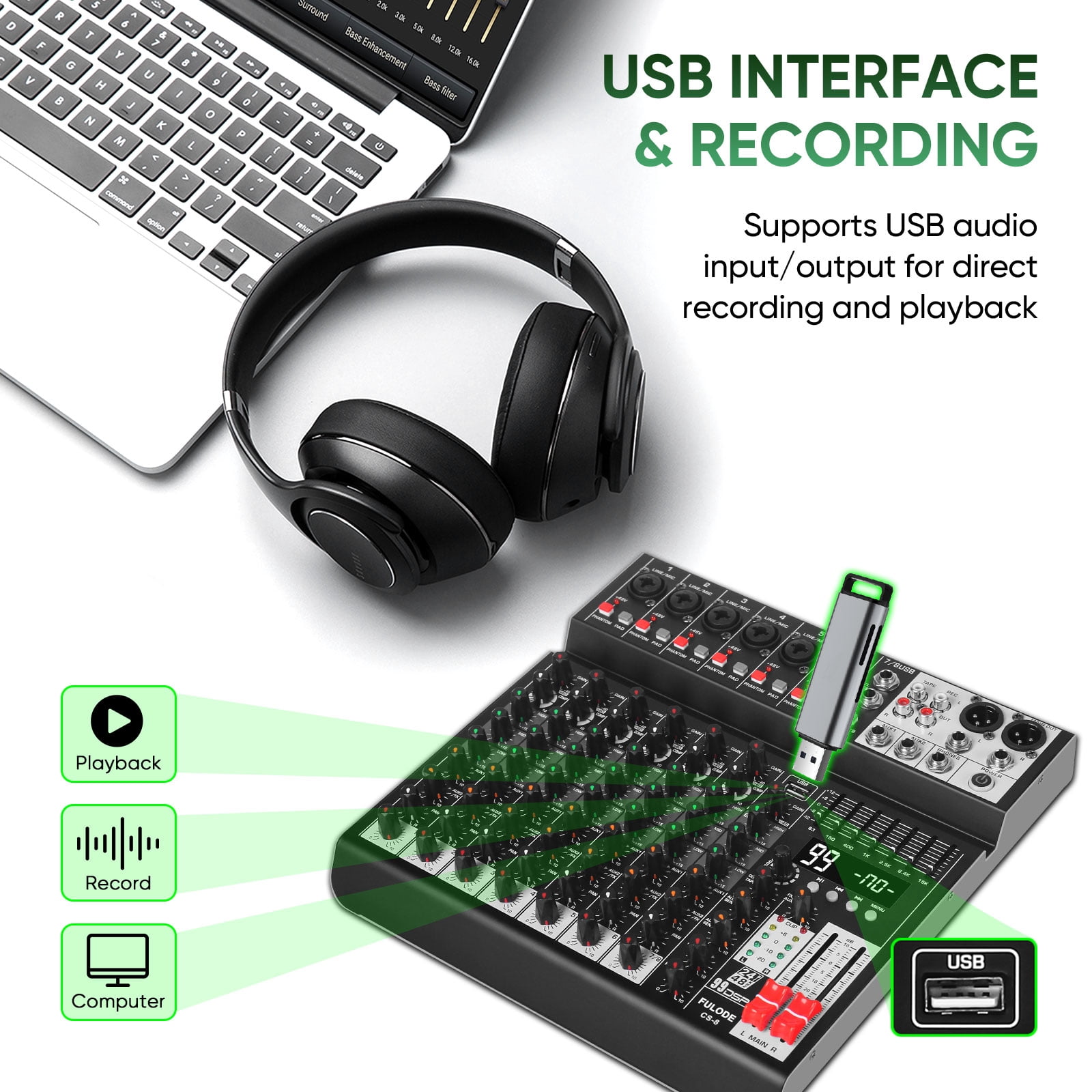 Audio Mixer 8 Channel Sound Mixer Console, Professional Music Mixing Board DJ Mixer w/ 99 DSP, 7-band EQ, USB, Bluetooth, 48V Phantom Power & PAD Function for Recording PA Live Live Streaming