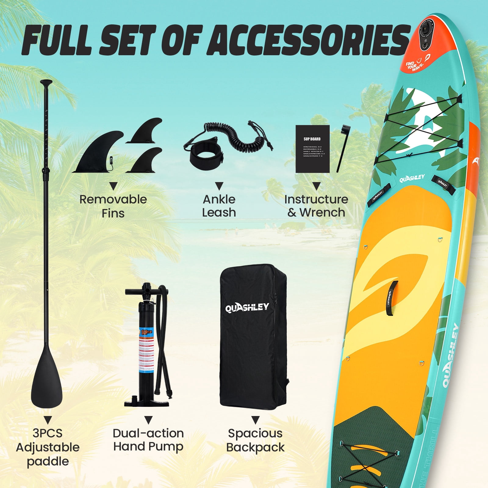 Quashley Wide Inflatable Stand up Paddle Board, 11 ft x 34 inch All-Around SUP Board with Paddle, Hand Pump, Backpack and Leash