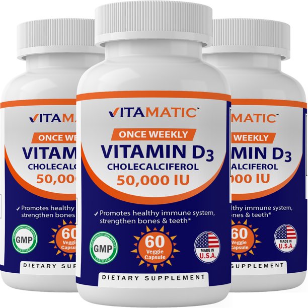 3 Pack Vitamatic Vitamin D3 50,000 IU Weekly Dose 60 Veggie Capsules