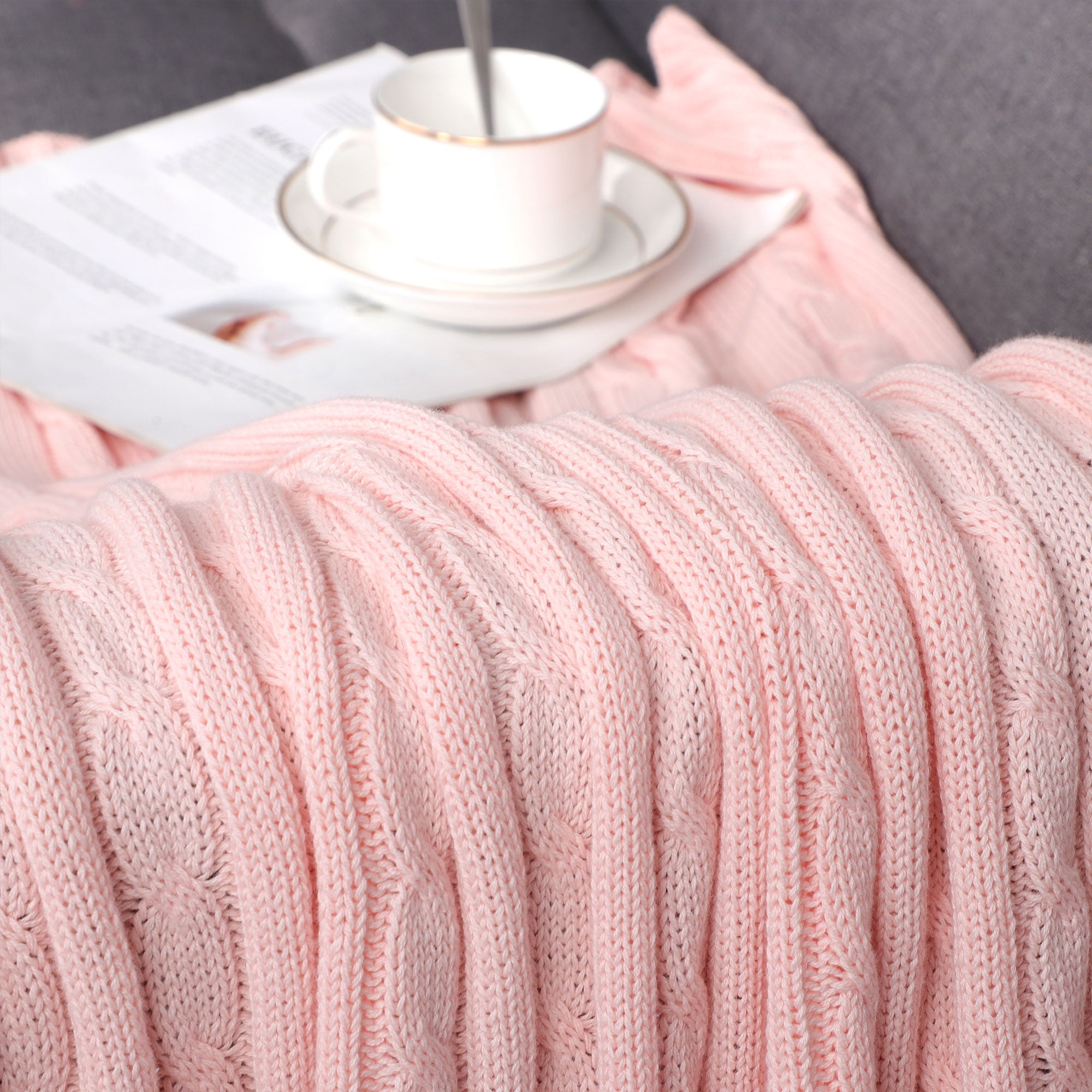 Unique Bargains Cable Knitted Bed Sofa Throw Blanket Pink 47" x 71"