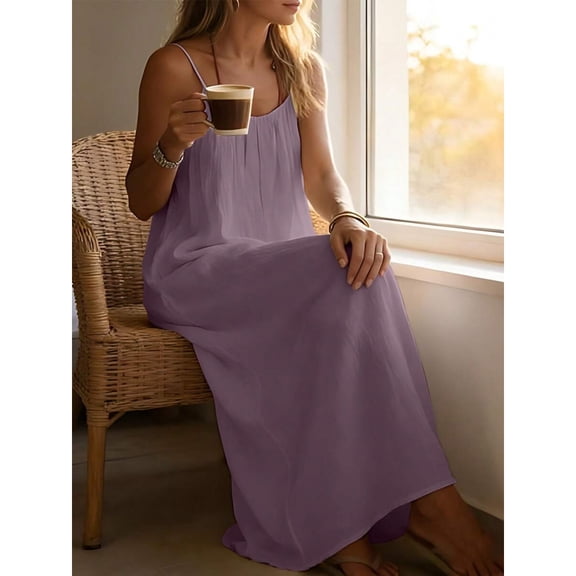 Lilac Purple Solid Color Cami Lounge Dress, Sleeveless Long Maxi Dress For Summer Indoor Wear