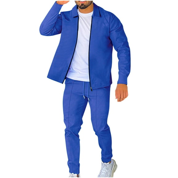 BXINGOHAI Men's Waffle 2 Piece Sets Full Zip Up Long Sleeve Outfits Lapel Jacket With Elastic Waist Drawstring Pants Outdoor Streetwear Set Today Blue,XXXL