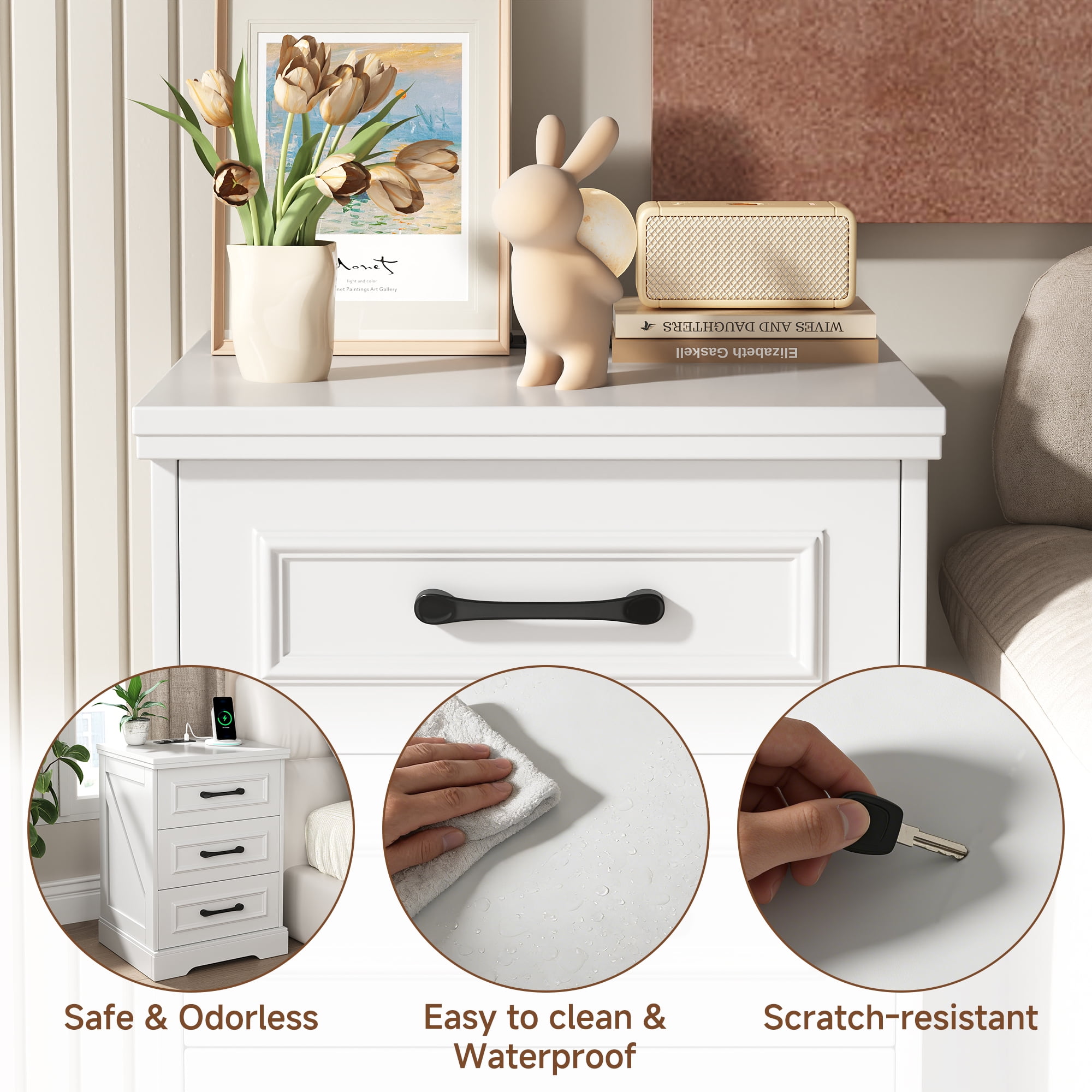 Nightstand, Farmhouse End Table with Charging Station, 3 Drawers Storage for Bedroom