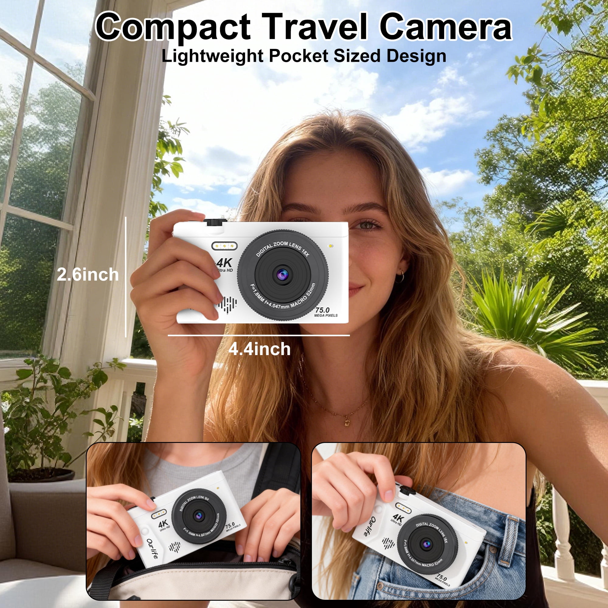 4K Digital Camera 75MP with Autofocus, 18X Zoom Vlogging Camera for Youtube, 3" Flip Screen, Compact Travel Camera for Teens, Includes 32GB Card & Tripod, White