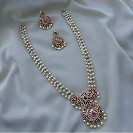 Gold Plated AD CZ Long Necklace with Earrings Indian Bollywood Pakistani Bridal Pearl Jewelry Set