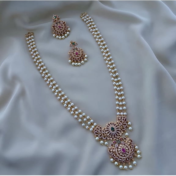 Gold Plated AD CZ Long Necklace with Earrings Indian Bollywood Pakistani Bridal Pearl Jewelry Set