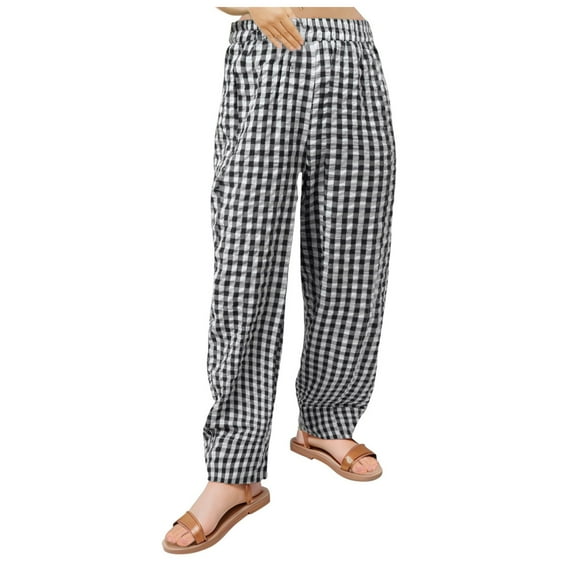 Jamsmile Women Pants Plaid Print Drawstrings Elastic High Waist Wide Leg Pants Vintage Tracksuits Loose Streetwear Trousers