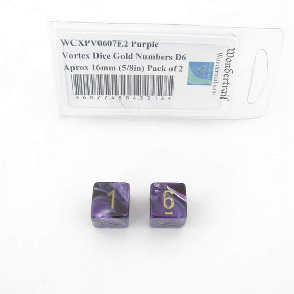 Purple Vortex Dice with Gold Numbers D6 Aprox 16mm (5/8in) Pack of 2 Wondertrail