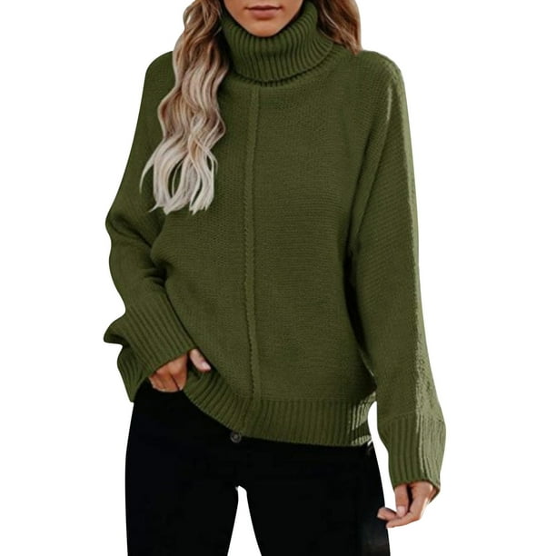 Gibobby Suéteres mujer, Suéter de cuello alto para mujer, de punto trenzado, de color sólido, de punto, para mujer(Verde,XG)