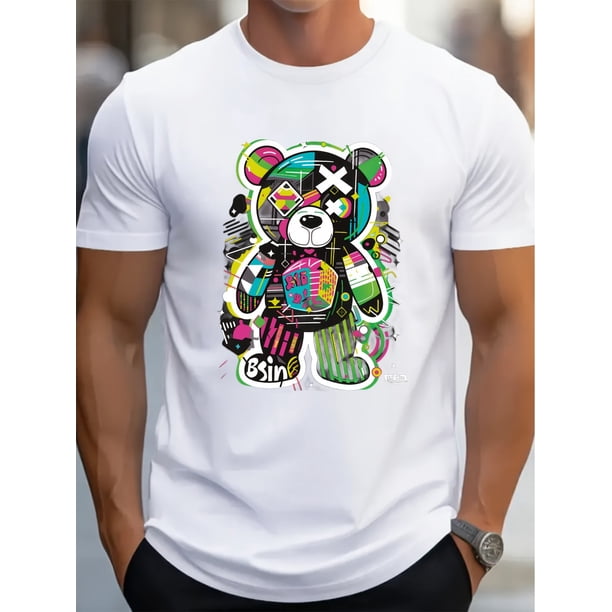 Estampado "GRAFFITI BEAR", camiseta gráfica para hombre, camisetas casuales y cómodas para el verano, ropa para hombre, camisetas informales