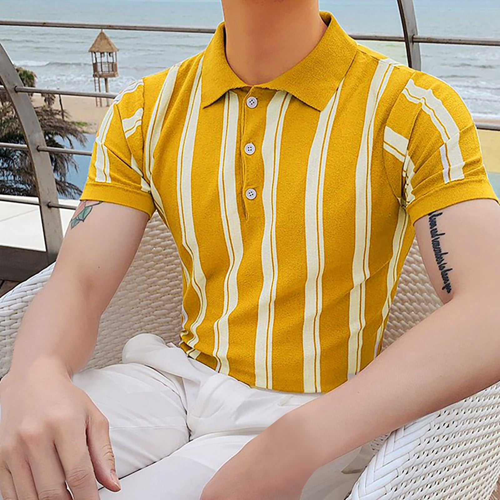 Men's Clothing Luxury Knit Polo Shirt Casual Striped Button Down Solid  Color Short Sleeve T-Shirt for Men Breathable M-2XL