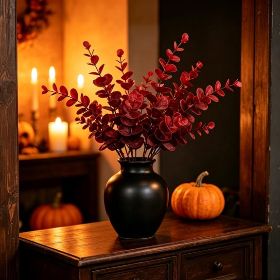 Artificial Burgundy Eucalyptus Stems, Fall Halloween Greenery Branches and Vase Fillers, Decorative Floral Arrangement for Home Table Mantel Fireplace and Entryway, Red