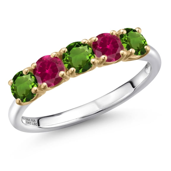 Gem Stone King 925 Silver and 10K Yellow Gold Green Tourmaline and Red Created Ruby Wedding-Bands Ring for Women | 1.25 Cttw | Round 4MM | Gemstone October Birthstone | Size 5