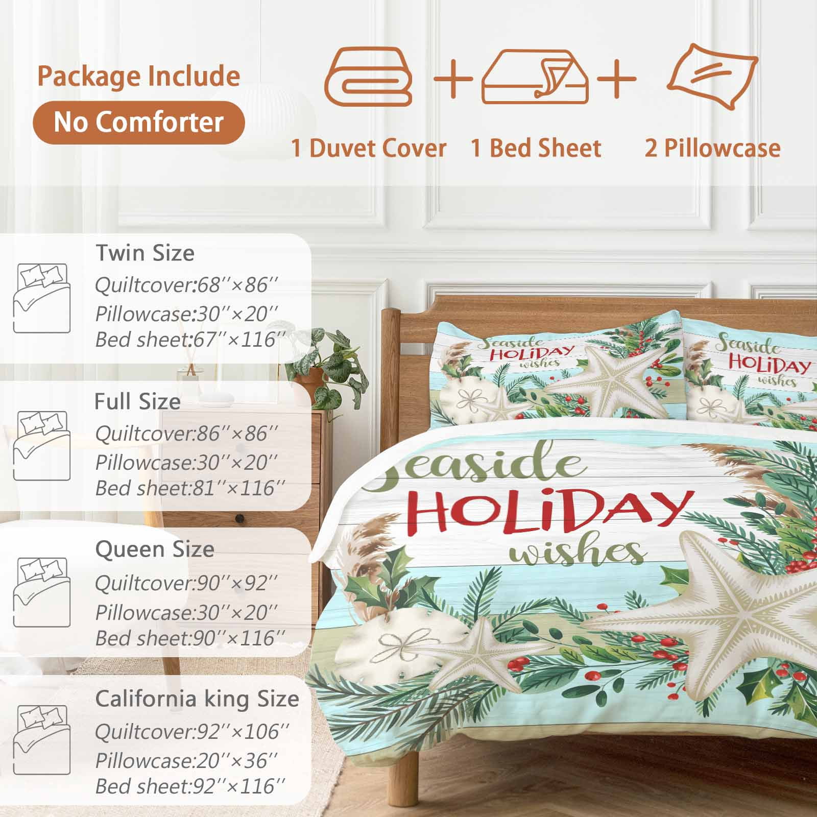 Seaside Holiday Wishes Bedding Duvet Cover Set King Size 4 Pieces Christmas Starfish Holly Wooden Grain Bedding Set with Zipper Closure, 1 Comforter Cover 92x106 Inches 1 Flat Sheet & 2 Pillow Cases