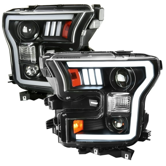 LED Light Bar Projector Headlights (Black Housing/Clear Lens) Made for and Compatible with 2015-2017 Ford F-150