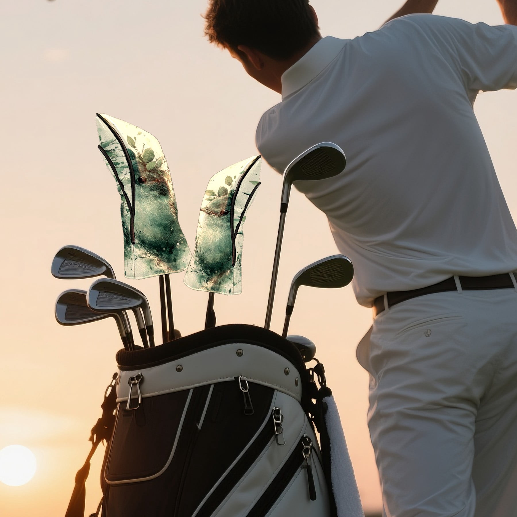 Golf Club Covers PU Leather Waterproof Head Covers for Fairway Woods Hybrids Green Bird