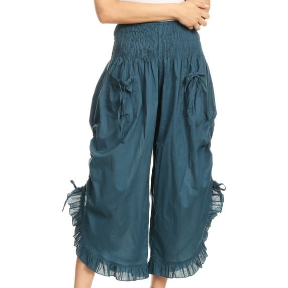 Sakkas Loore Womens Wide Leg Gaucho Pants Cotton with Pockets and Smock Waist - Steel Blue - One Size Plus