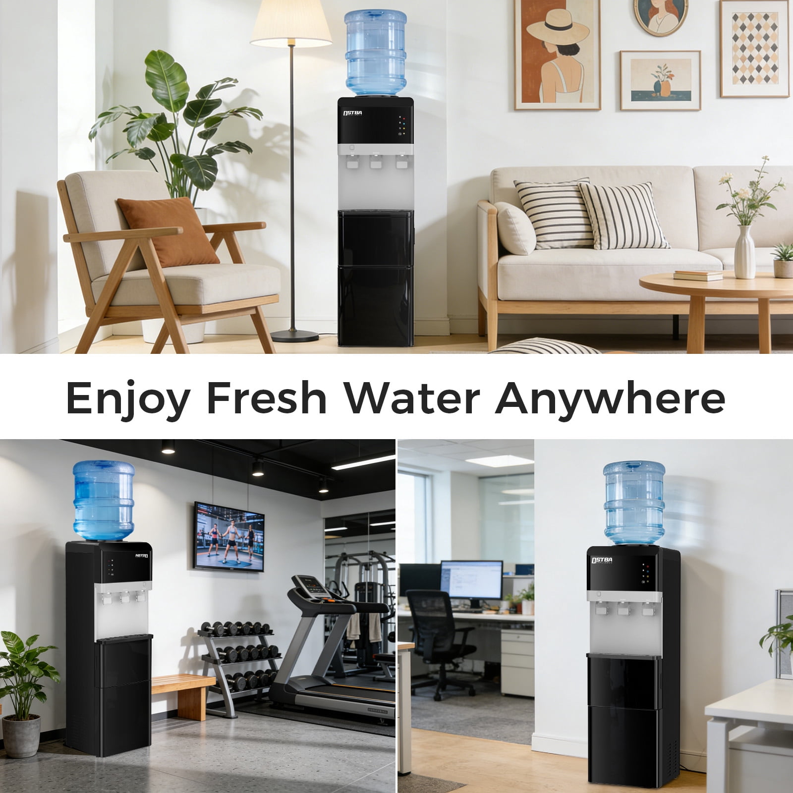 OSTBA 4-in-1 Water & Ice Dispenser, Hot, Cold & Room Temperature Water with Bullet Ice Maker, Touch Control, Child Safety Lock, Fits 3 & 5 Gallon Bottles