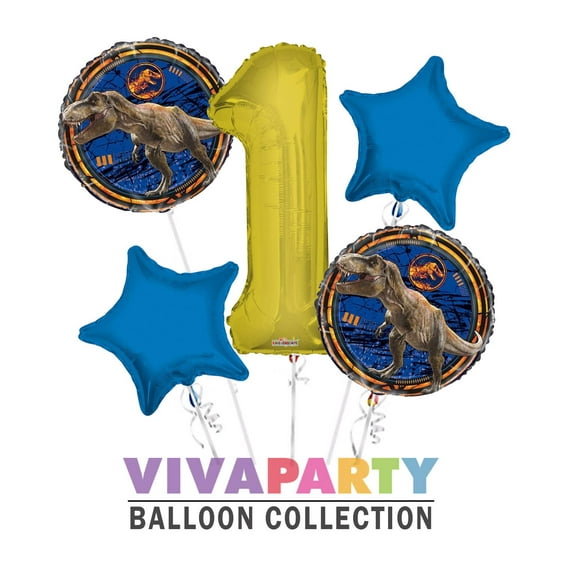 Jurassic World Round Balloon Bouquet 5 pc, 1st Birthday, Gold Number 1 Jumbo Balloon | Viva Party Balloon Collection