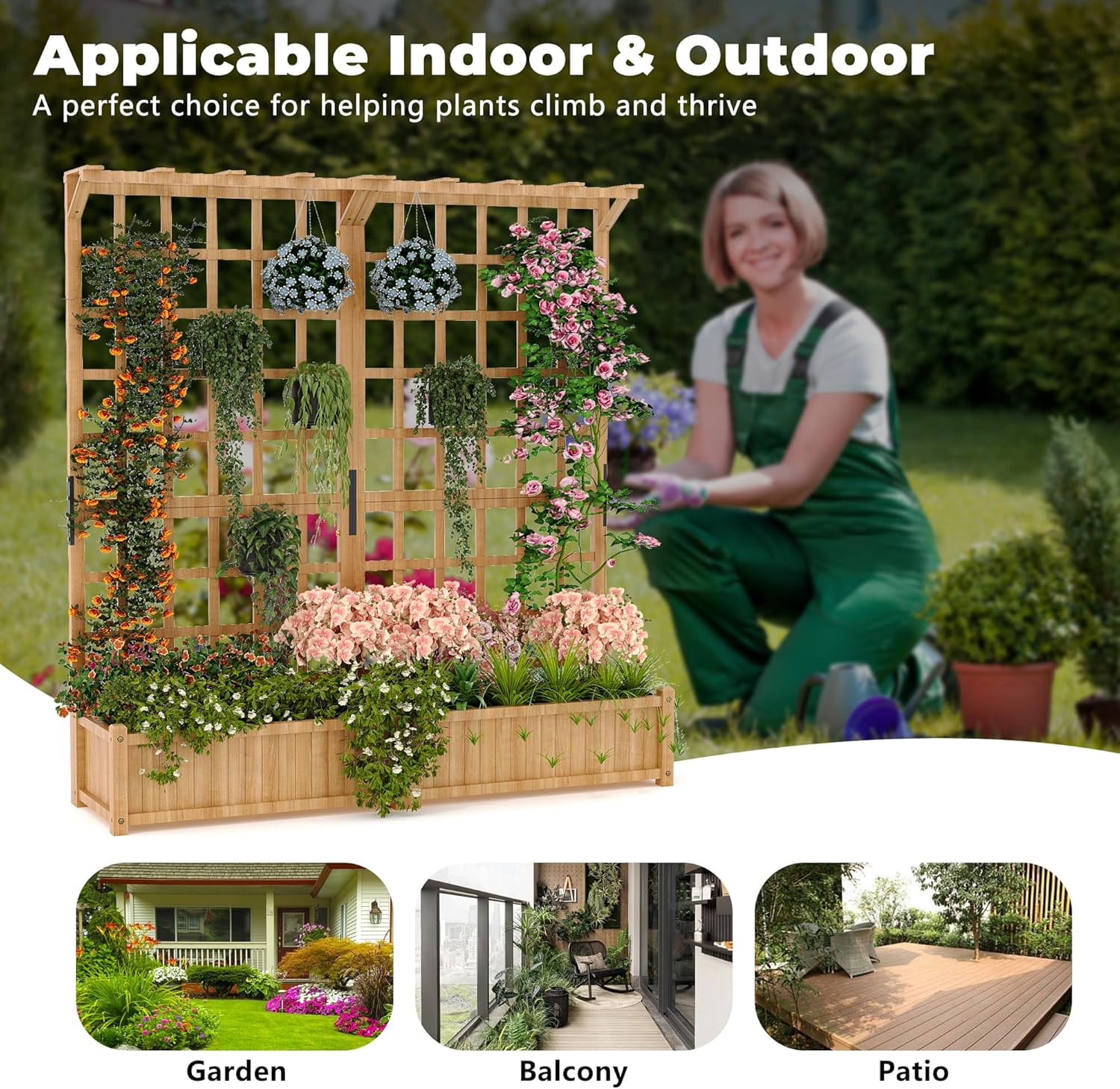 2-Tier Wooden Planter Box with Trellis for Outdoor Gardens, Elevated Raised Bed for Flowers and Vegetables, 1.4Ft Deep Planter with Hanging Roof & Drainage Holes