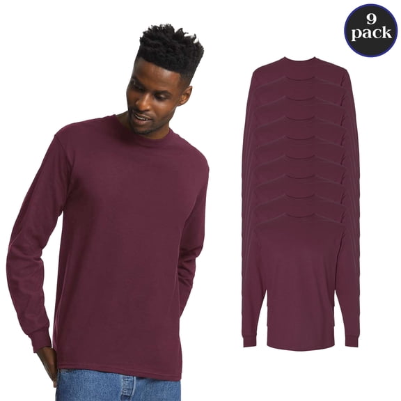 Gildan Men's Ultra Cotton Long Sleeve T-Shirt, 9-Pack Maroon Crewneck Tees, Classic Fit Shirts, 5XL