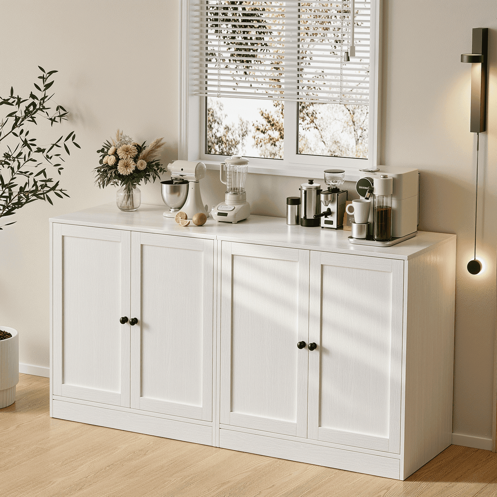 RichYa 4Pcs Kitchen Pantry Storage Cabinet,Modular Furniture Cabinets with Display Glass Doors,Hutch Buffet Cabinet with Shelves for Dining Room,White
