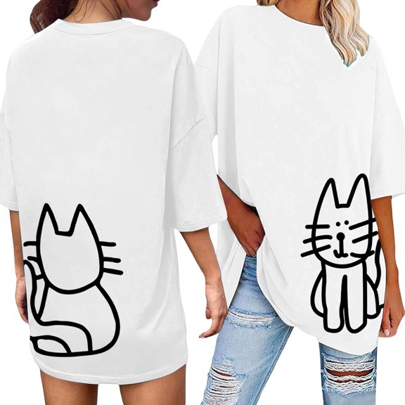 Bibifish Womens Oversized T-Shirts Crew Neck Short Sleeve Cute Cat Print Graphic Tshirt Casual Outings Holiday Weekend Daily Wear Tees