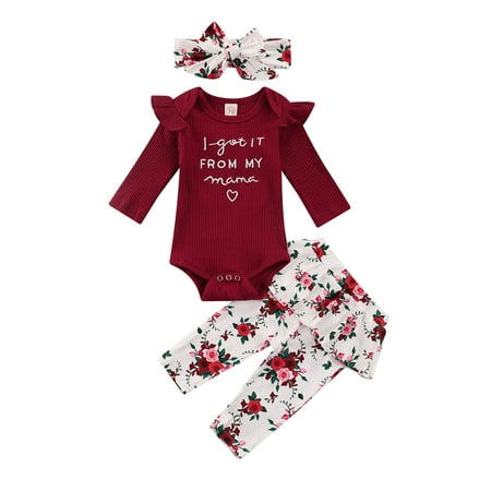 

Sunisery 3Pcs Kids Baby Girls Casual Outfit Letter Sleeve Romper Floral Print Ruffle Pants with Bow Headband Wine Red 0-3 Months