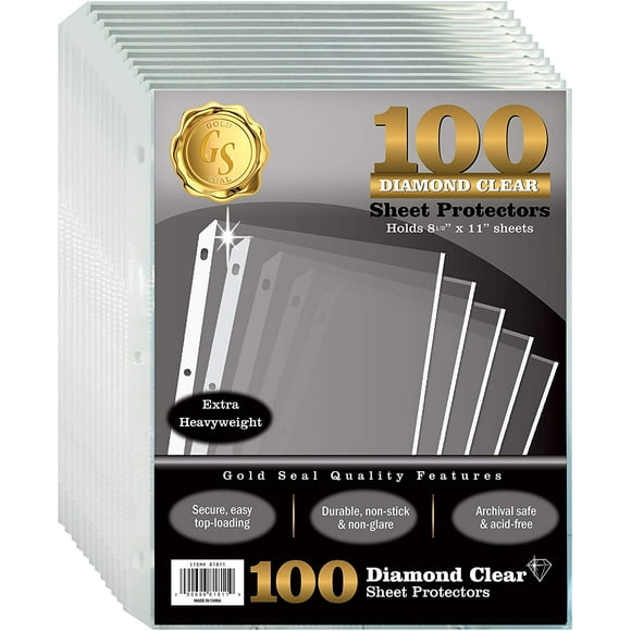 100 Count Diamond Clear Extra Heavyweight Sheet Protectors, 4 mils Strong, by Gold Seal, 8.5 x 11", Top Load, 100 Pack
