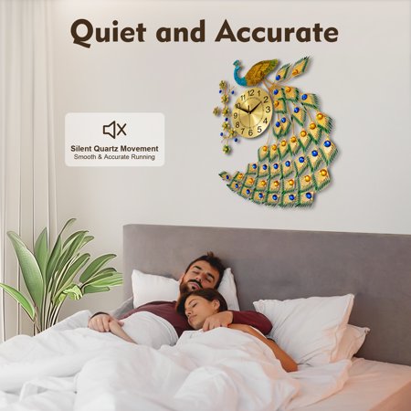 25.59*29.53in Modern Luxury Peacock Large Wall Clock Metal Living Room 3D Wall Watch Home Decor Gift